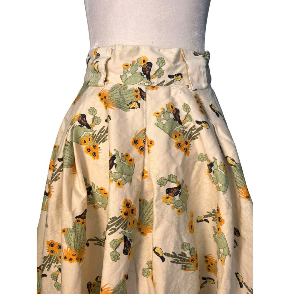Voodoo Vixen Cactus Bird Print Flowing Midi Skirt Retro Rockabilly Pinup - Picture 2 of 9